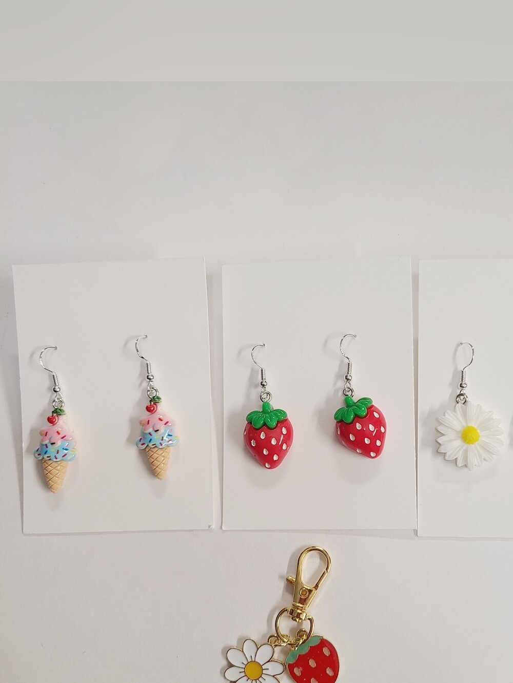 Strawberry, Ice Cream &  Daisy Charm Earrings Set - Red, White